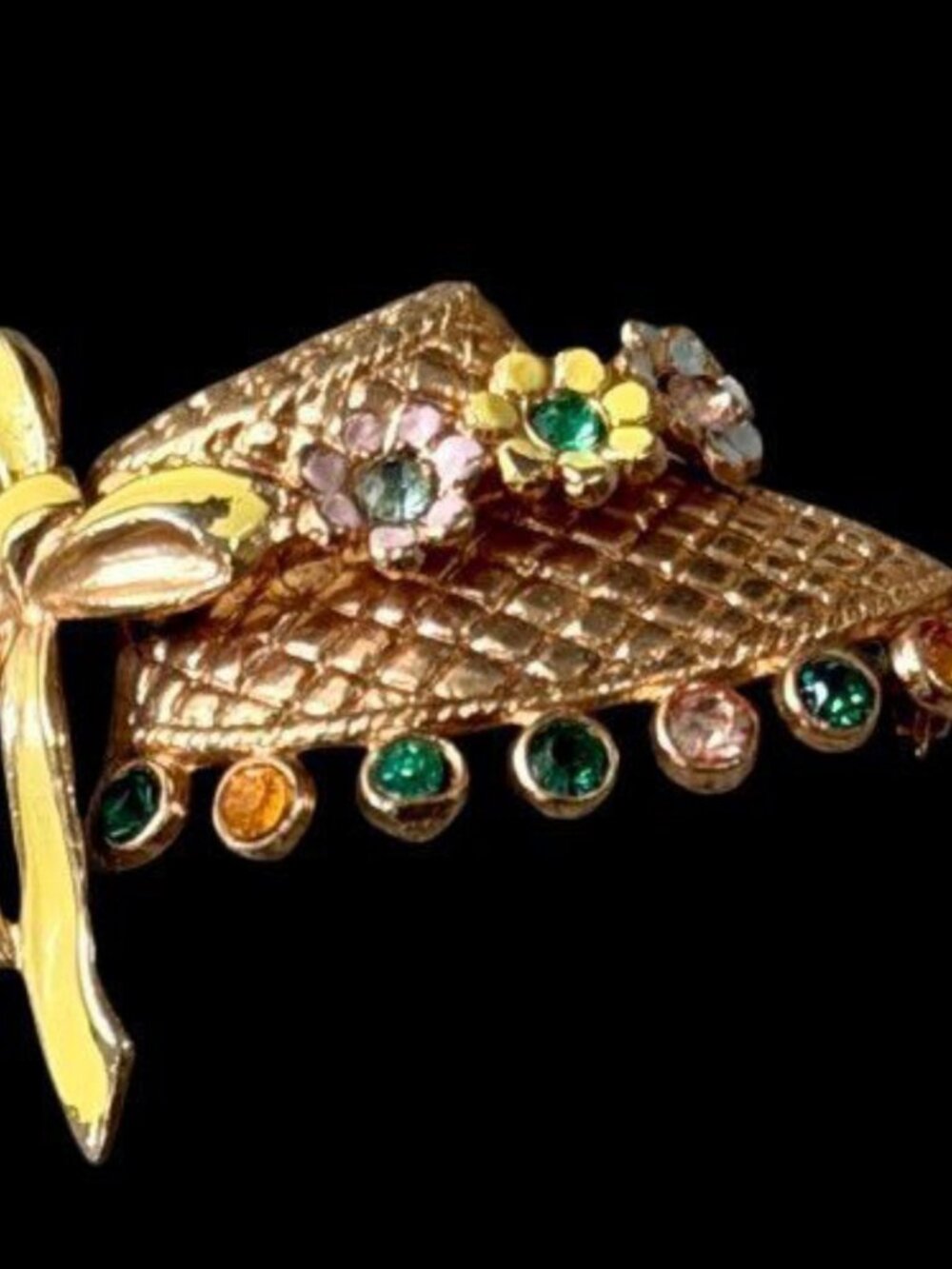 Gold Tone Gardening Hat Brooch Enamel Flowers Rhinestone Accents